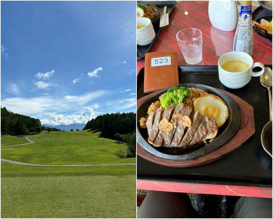 写真左/中央道晴ヶ峰CC18番、写真右/中央道晴ヶ峰CCの鉄板ビーフガリックライス1850円