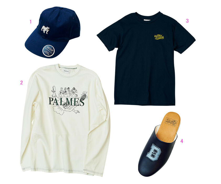 1. Smathers&Bransonのキャップ1,890バーツ　2. Palmesのカットソー4,890バーツ　3. Wooden SleepersのTシャツ2,500バーツ　4. BKCのルームシューズ4,500 バーツ