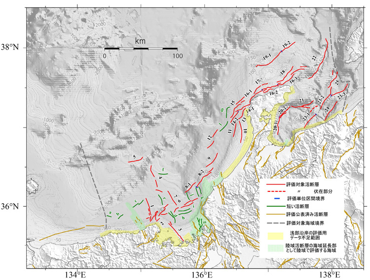兵庫県沖から新潟県沖にかけての25の海域活断層や断層帯（赤い線）（地震本部提供）