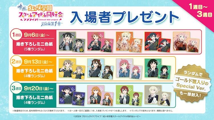 劇場アニメ「ラブライブ！虹ヶ咲学園スクールアイドル同好会 完結編 第1章」1週目から3週目までの入場者プレゼントの告知画像。