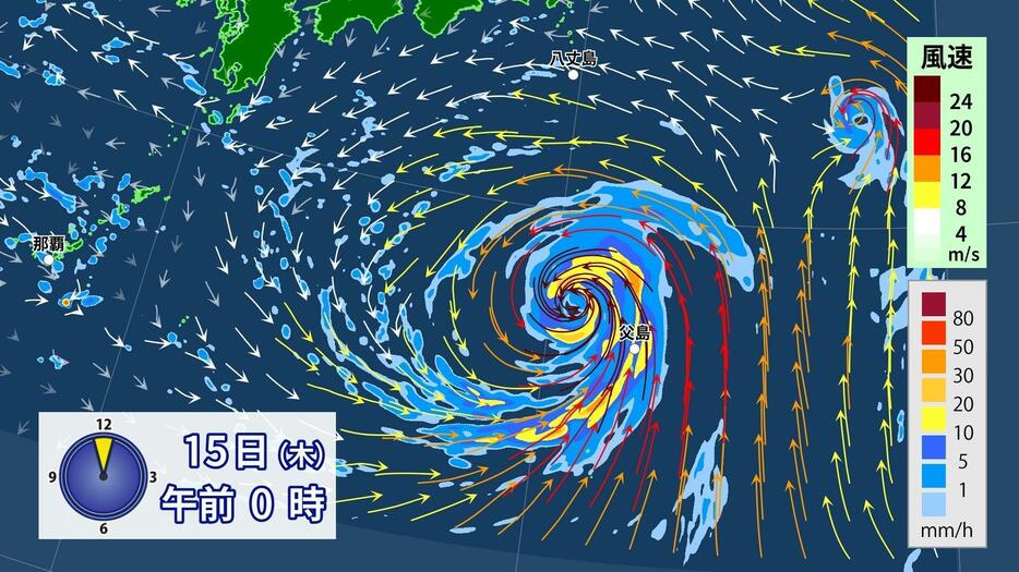 15日(木)午前0時の雨・風の予想