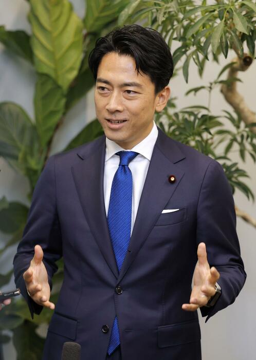 取材に応じる小泉元環境相＝30日午後、東京都内