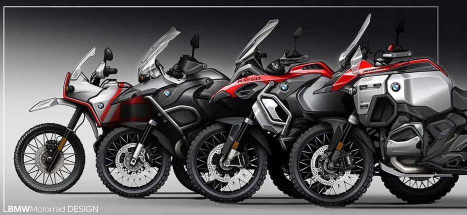 R100GSパリ・ダカール、R1150GSアドベンチャー、R1200GSアドベンチャー、R1300GSアドベンチャーいう、BMWアドベンチャーバイクの血統が並ぶイメージカット。