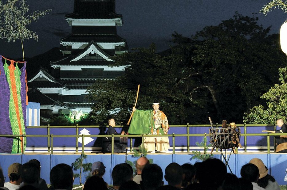 松本城の天守を背景に幽玄な世界が繰り広げられた薪能