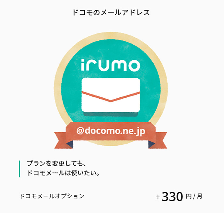 irumoではドコモメールが有料オプションです。月額550円の月0.5GBプランでもドコモメールの追加で月額880円になってしまう点は注意してください（画像はirumo公式サイトより引用）