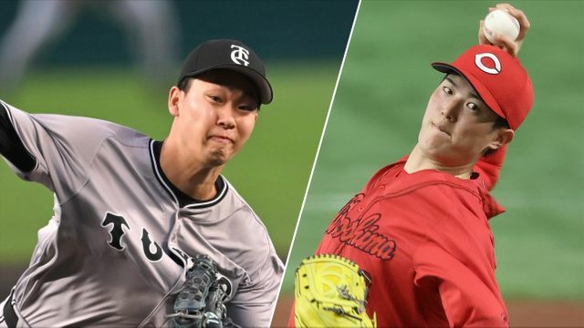 (左から)巨人・山崎伊織投手と広島・森下暢仁投手(写真:時事)