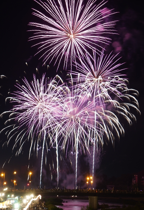 夜空を彩る大迫力の花火=岡山県津山市で