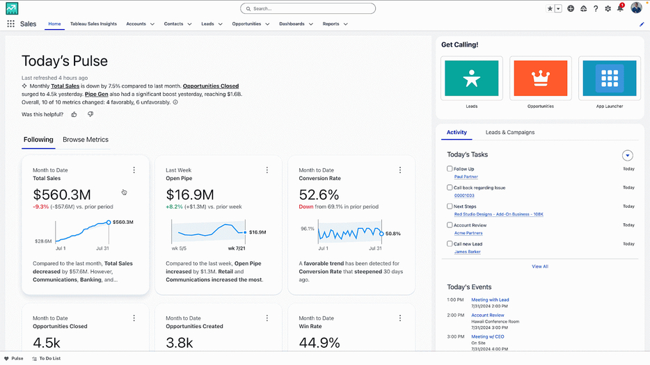 Access Pulse’s AI-generated insights right frSalesforceのホームページからPulseのAIにより生成されたインサイトに直接アクセス可能