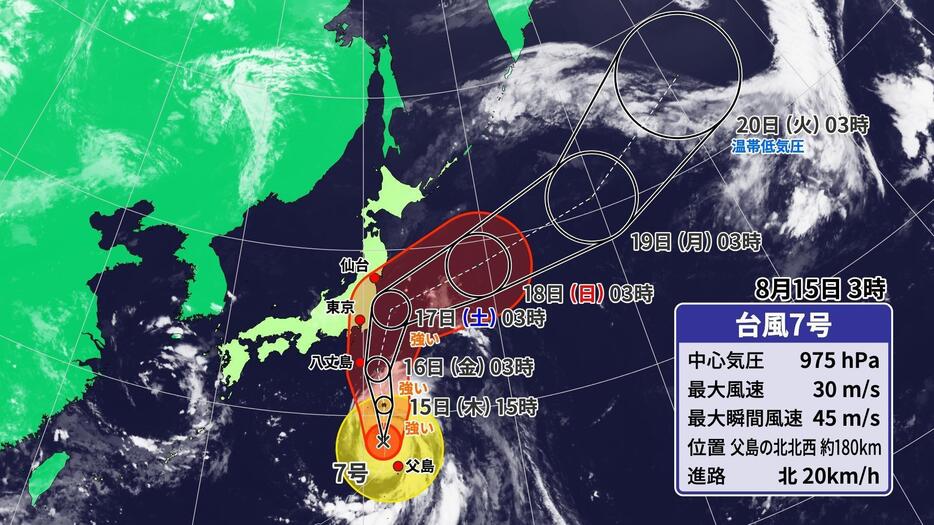 15日(木)午前3時の台風7号の位置と予想進路