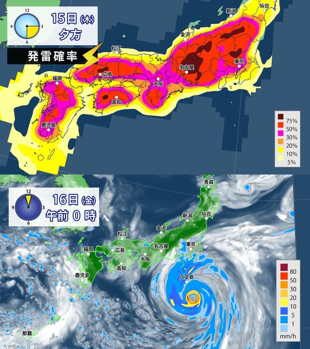 15日(木)夕方の発雷確率と16日(金)午前0時の雨雲の予想