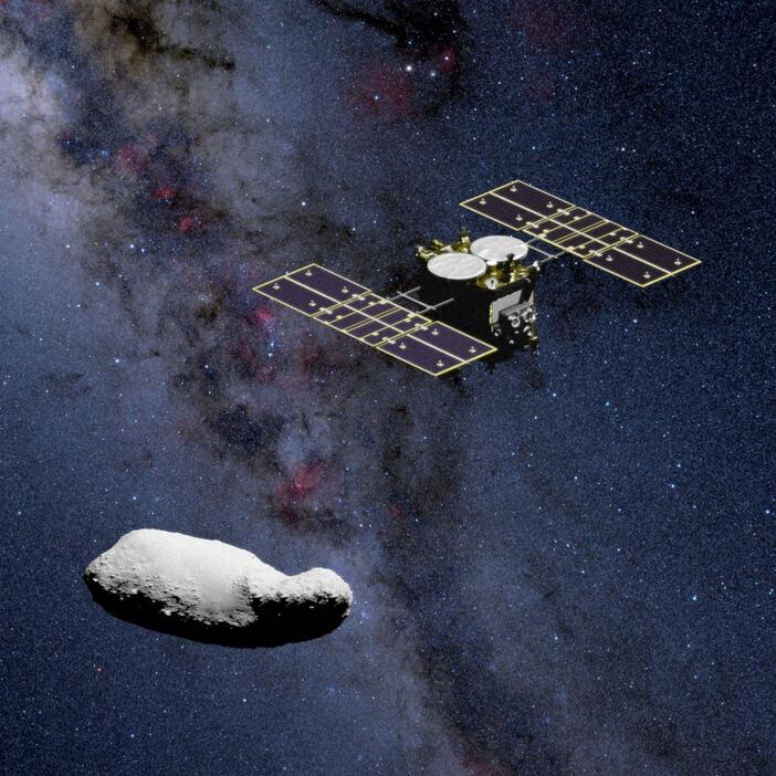 はやぶさ2（上）が2026年に探査予定の小惑星「2001CC21」の想像図（京都大・有松亘特定助教提供）