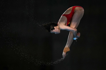 パリ五輪、飛び込み女子高飛び込み決勝。試技に臨む中国の全紅嬋（2024年8月6日撮影）。