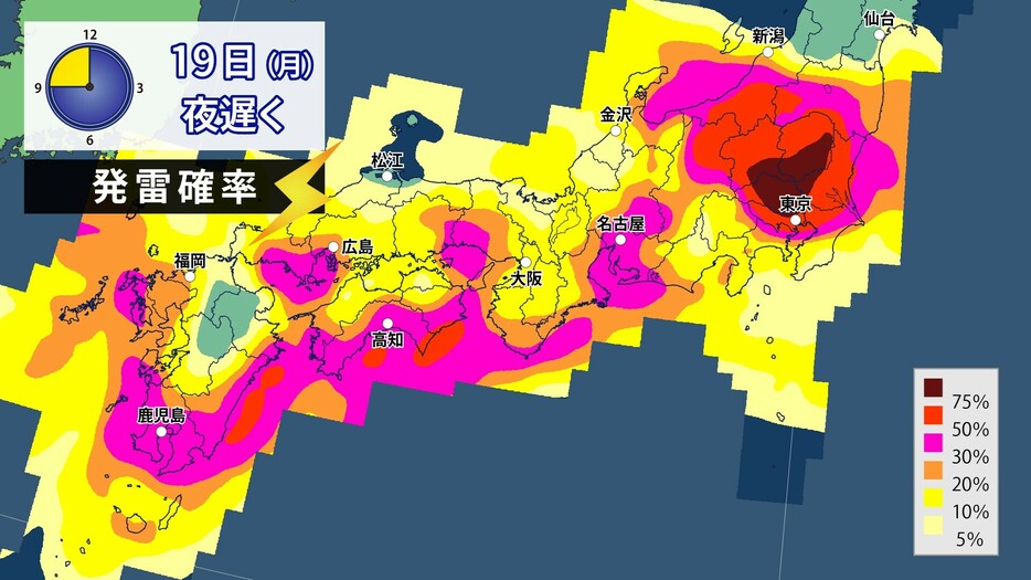 19日(月)夜遅くの発雷確率