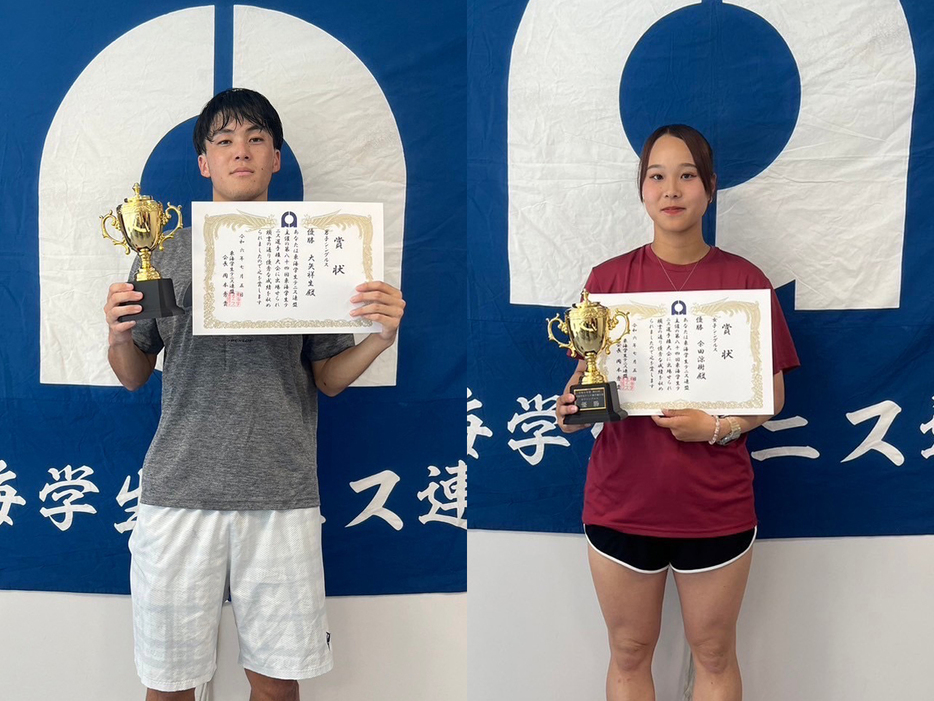 「令和6年度第84回東海学生テニス選手権大会」（三重・四日市テニスセンター）のシングルスで優勝を飾った大矢祥生（愛知学院大学4年／左）と余田涼樹（名古屋経済大学2年）（写真提供◎東海学生テニス連盟）