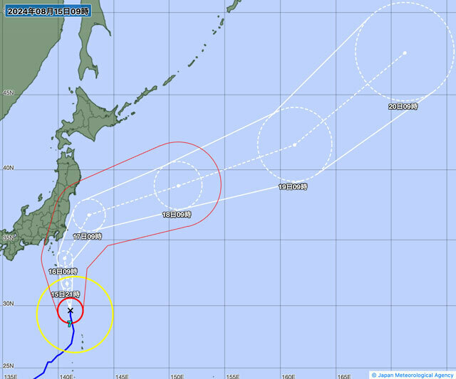 15日午前9時の台風7号の経路図（気象庁15日午前9時50分発表）