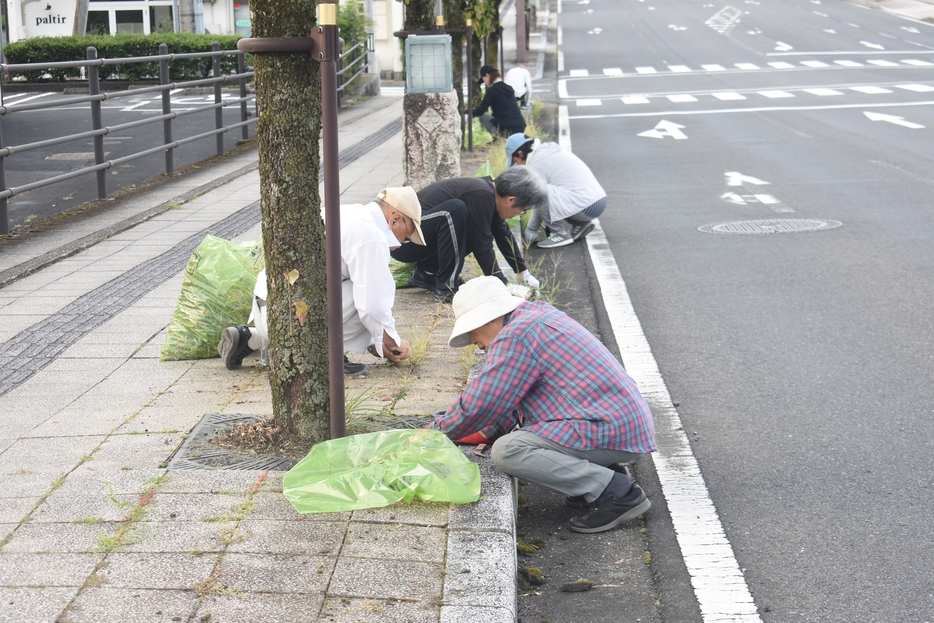 奴通りで道路清掃に励む参加者=岡山県津山市で