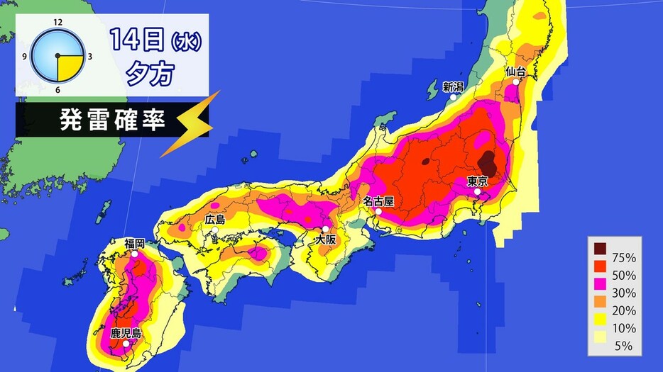 14日(水)夕方の発雷確率