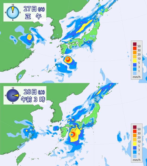 雨の予想（上）27日火曜日正午（下）28日水曜日午前3時