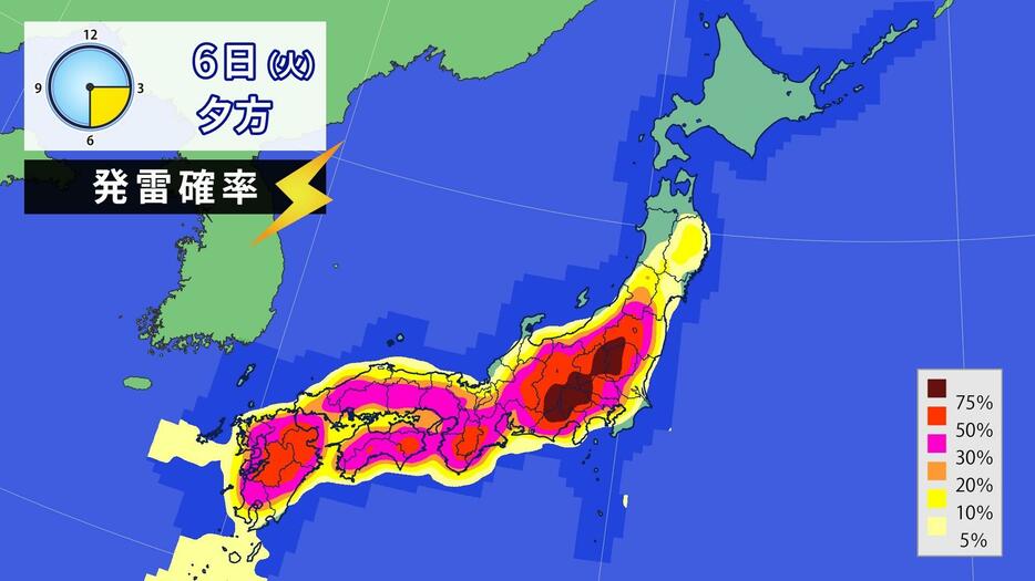 6日(火)夕方の発雷確率