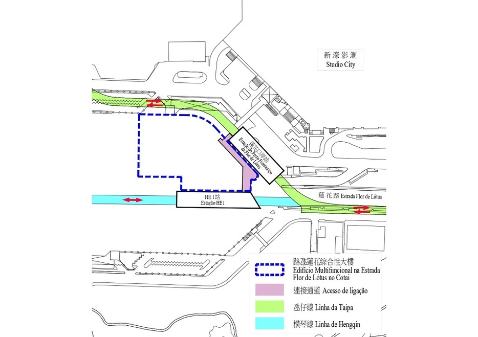 マカオLRTタイパ線・蓮花駅と横琴線・仮称HE1駅の位置関係図*2023年5月時点（図版：DSOP）