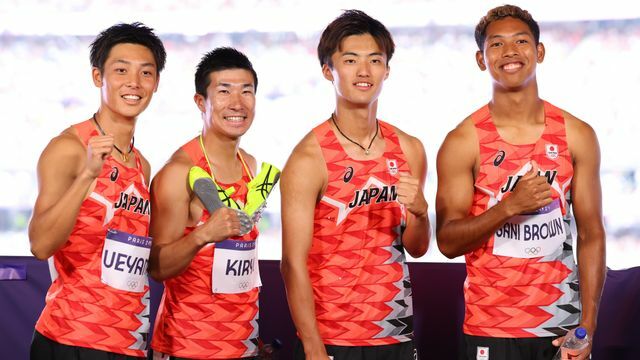 400mリレーで決勝に進んだ(左から)上山紘輝選手、桐生祥秀選手、柳田大輝選手、サニブラウン アブデルハキーム選手(写真：長田洋平/アフロスポーツ)