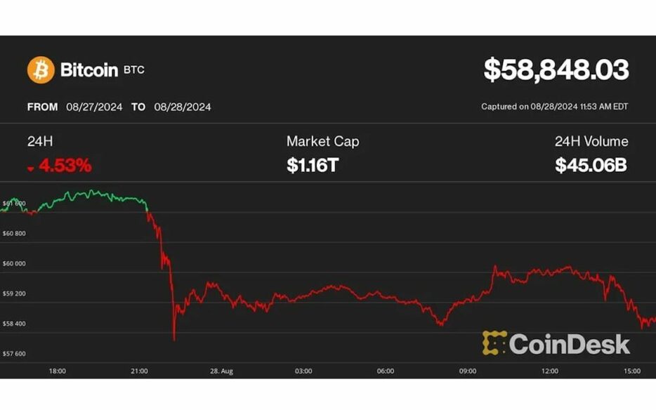 ビットコインの反発弱まる──エヌビディア株の下落でリスクオフムードに拍車