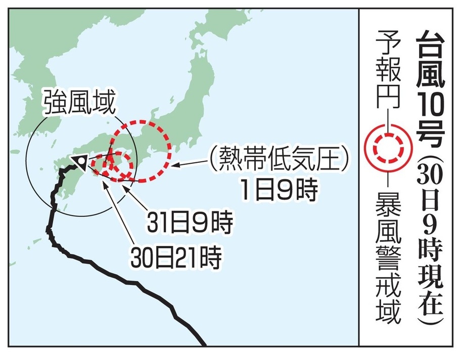 台風10号の予想進路（30日9時現在）