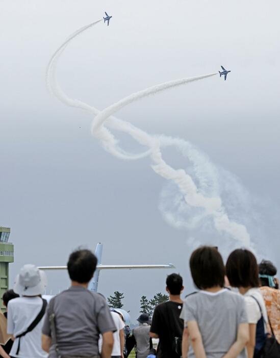 航空自衛隊松島基地の航空祭で、アクロバット飛行を披露する「ブルーインパルス」と訪れた観客＝25日午後、宮城県東松島市