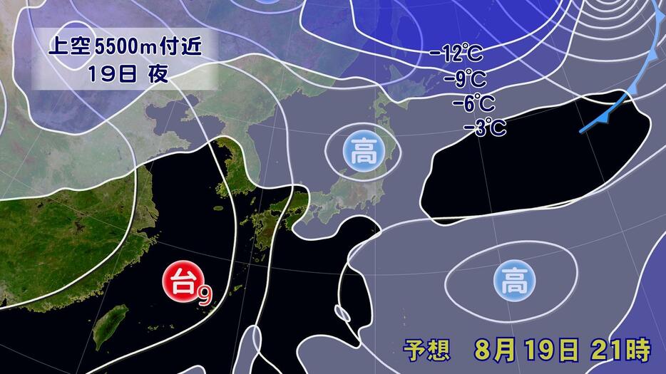 19日(月)午後9時の上空の寒気と予想天気図