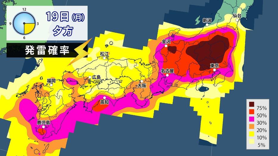 19日(月)夕方の発雷確率