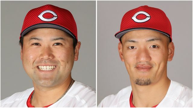 左から、広島・末包昇大選手と矢野雅哉選手