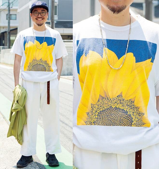 Tシャツ＝古着　パンツ＝不明　スニーカー＝ニューバランス　メガネ＝ルノア