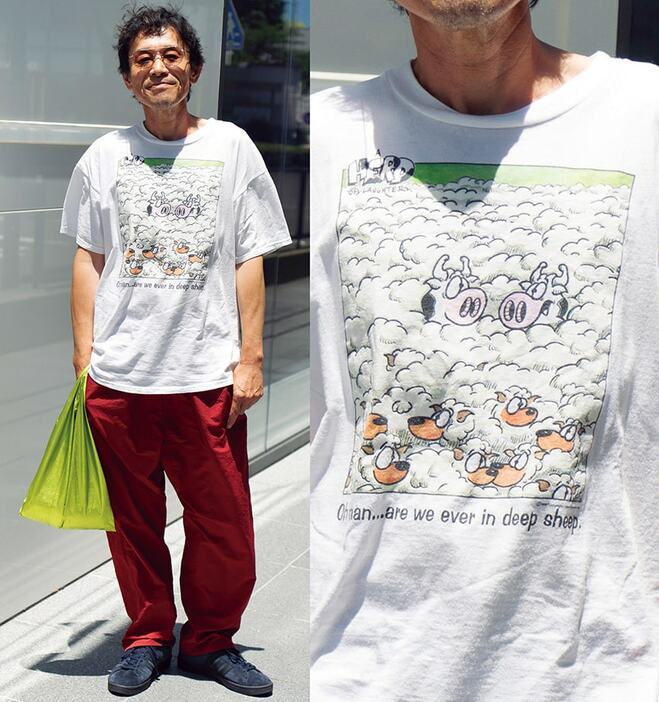 Tシャツ＝古着　パンツ＝アンスラックス　スニーカー＝アディダス オリジナルス × キックスラボ　サングラス＝A.D.S.R.