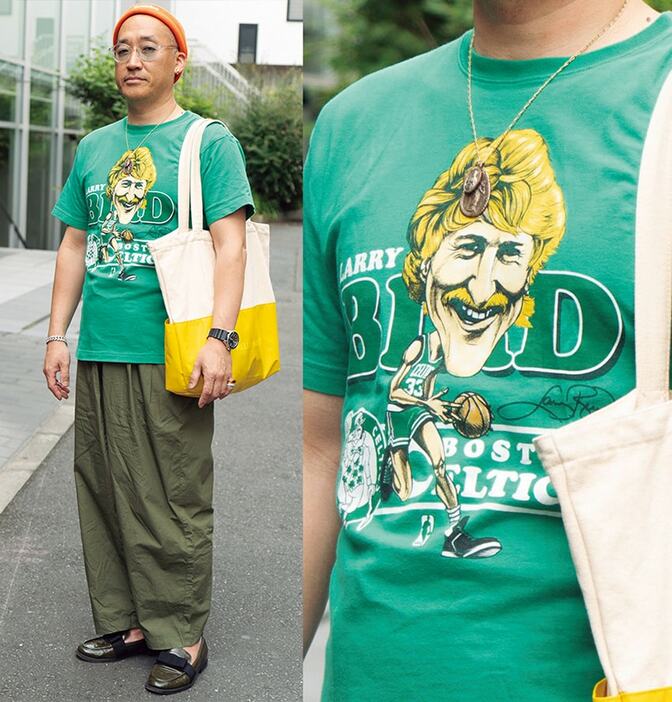 Tシャツ、ニットキャップ＝ともに古着　パンツ＝ニコアンド　靴＝ディエゴ ベリーニ　バッグ＝ヘリーハンセン