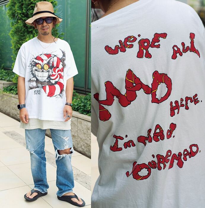 Tシャツ＝古着　デニム＝リーバイス　サンダル＝ウーフォス　ハット＝カシラ　サングラス＝レイバン