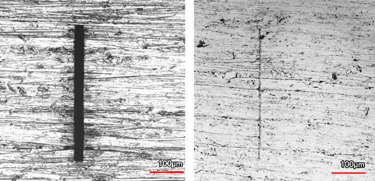 ジュラルミンにつけた縦0.4ミリ、横0.03ミリ、深さ0.2ミリの亀裂のようなキズ（左）。ボールバニシングを施すとキズが閉じ、材料が繰り返し受ける力にどれだけ耐えられるかを示す疲労強度が上がった（横浜国立大学の高橋宏治教授提供）