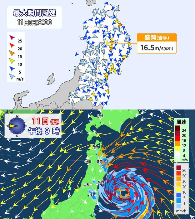 11日(日)午前9時時点の最大瞬間風速と午後9時の雨・風の予想