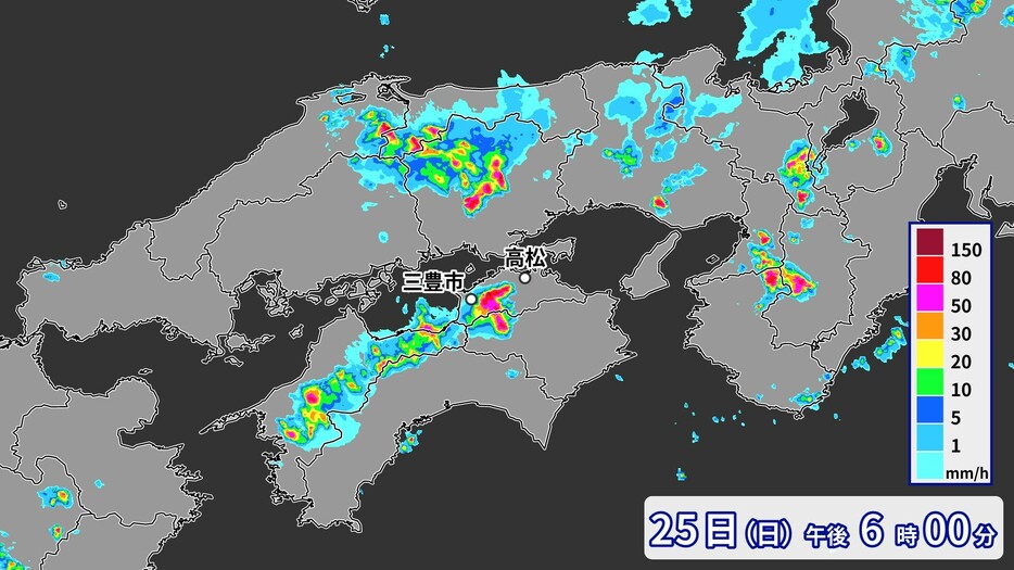 25日(日)午後6時の雨雲の様子