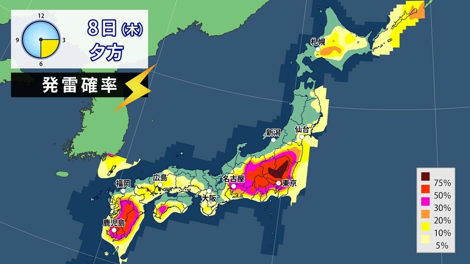 8日(木)夕方の発雷確率