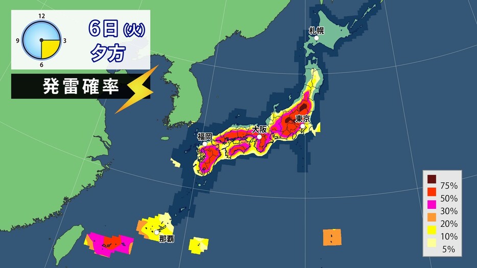 6日(火)夕方の発雷確率