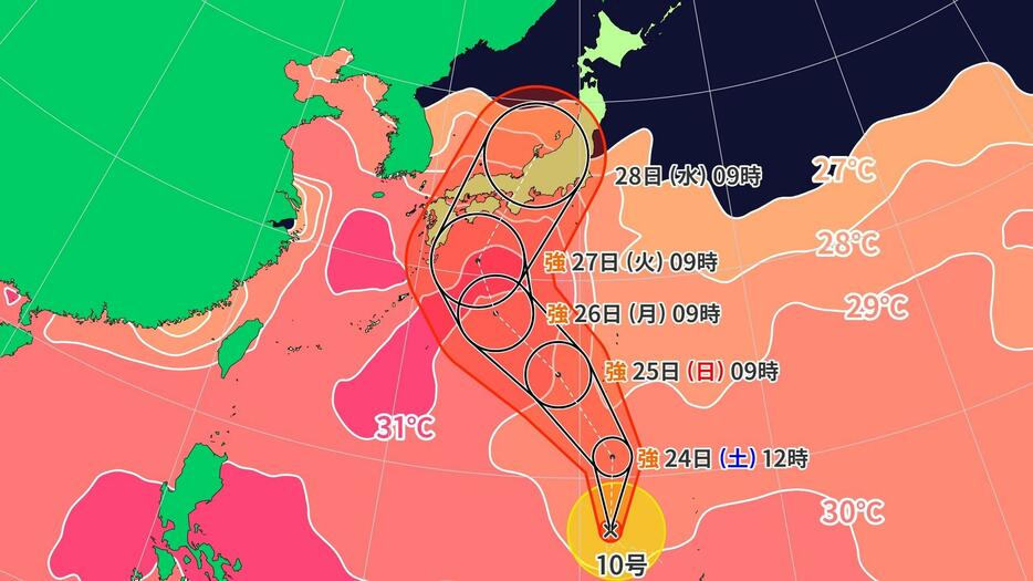 台風10号と周辺の海面水温