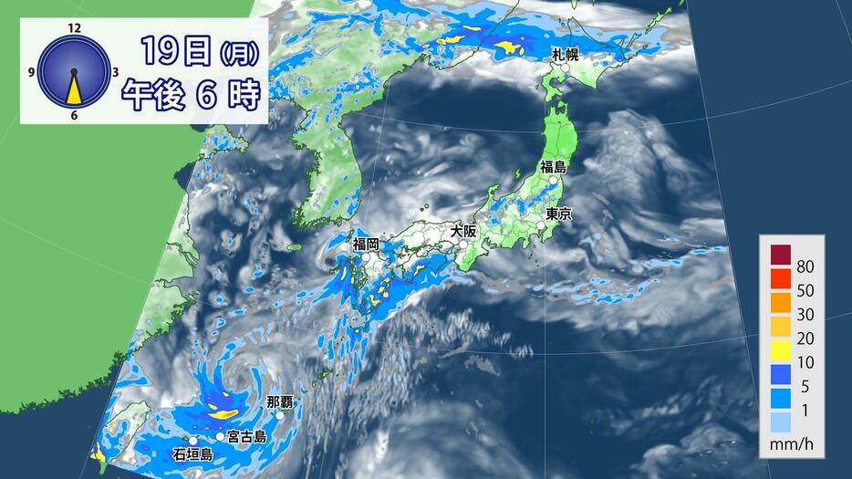 19日(月)午後6時の雨雲の予想