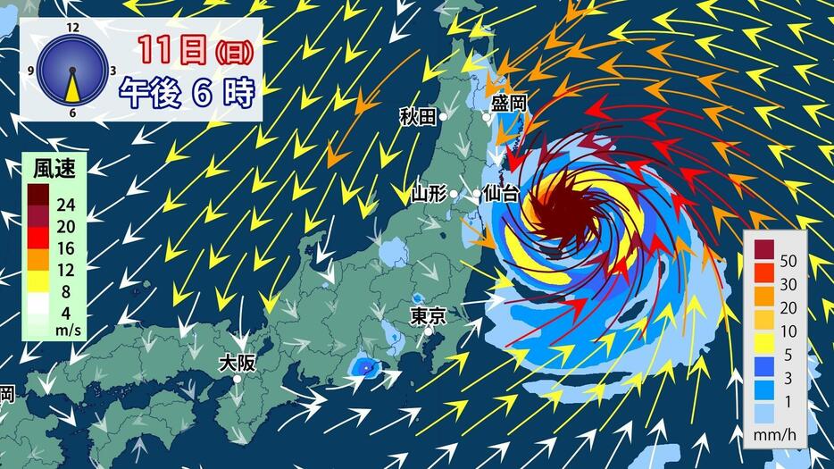 11日(日)午後6時の雨と風の予想