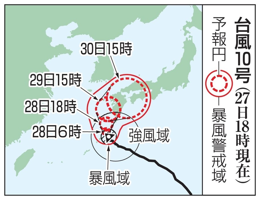 台風10号の予想進路（27日18時現在）