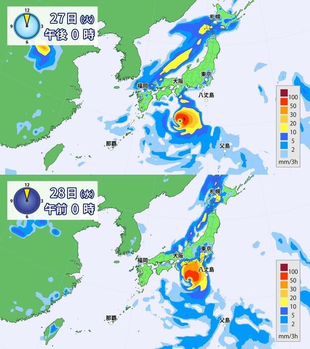 27日（火）正午と28日（水）午前0時の雨の予想（予想進路の東側を通った場合）