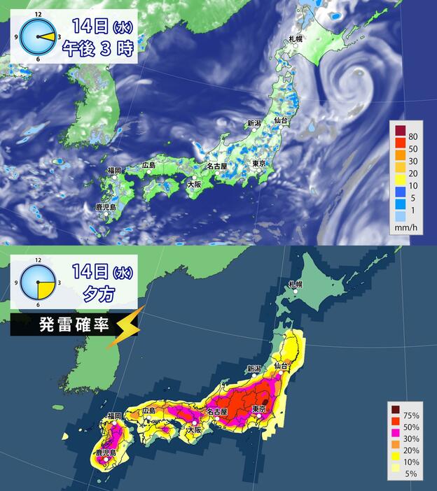 14日(水)午後3時の雨雲の予想と夕方の発雷確率