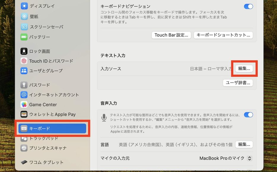 ▲システム設定で「キーボード」→入力ソース欄の「編集」を選択