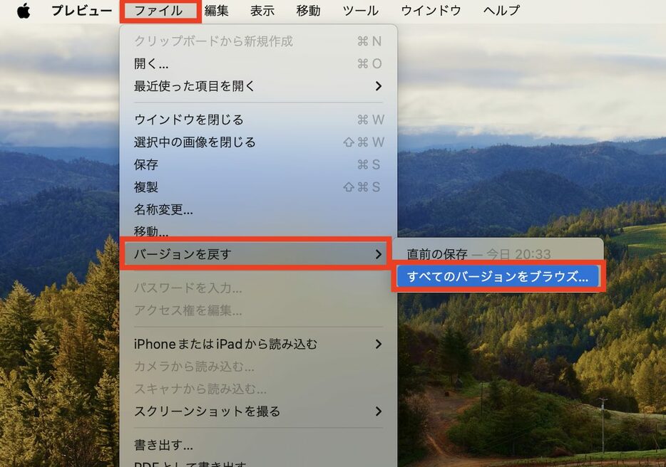 ▲「ファイル」→「バージョンを戻す」→「すべてのバージョンをブラウズ…」