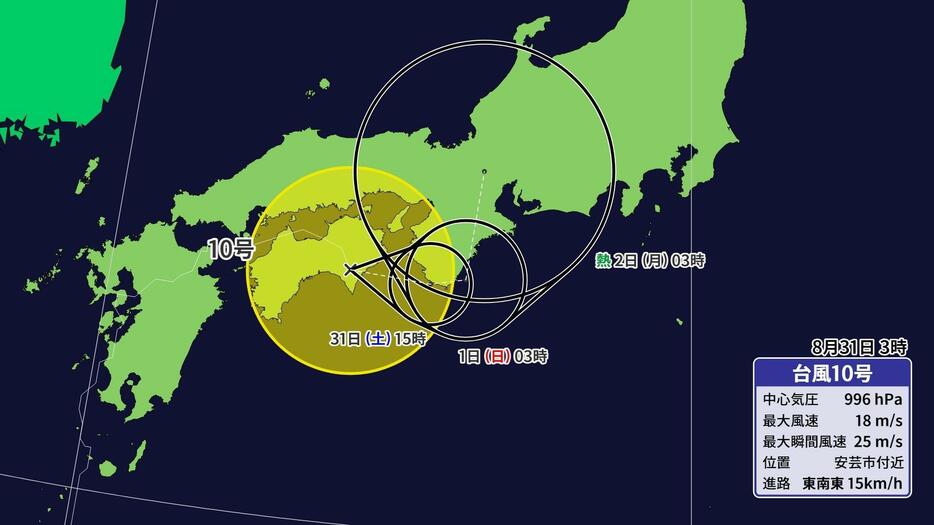 31日午前3時の台風の位置と今後の進路予想