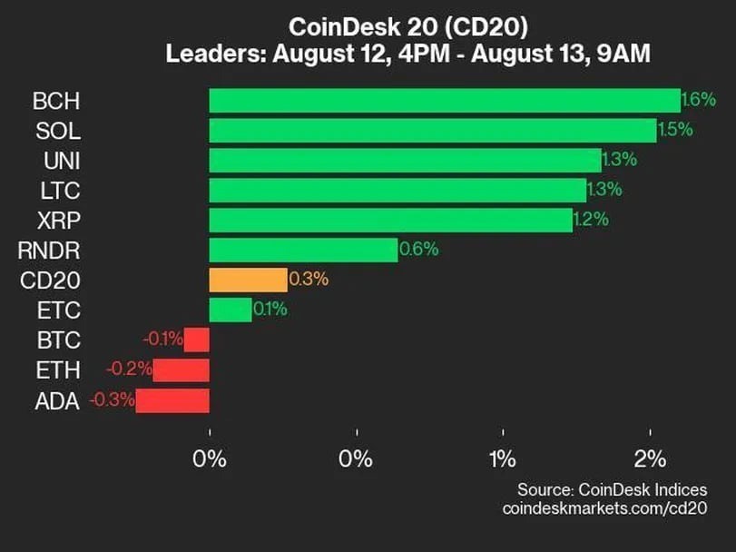 ビットコインキャッシュとソラナが上昇：CoinDesk 20 パフォーマンスアップデート